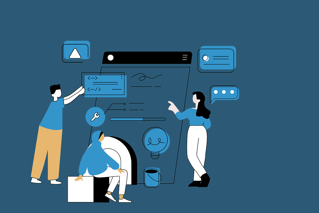 Illustration de trois personnes collaborant sur la conception et le développement d'un site web, avec des icônes de codage, des outils et des éléments graphiques.