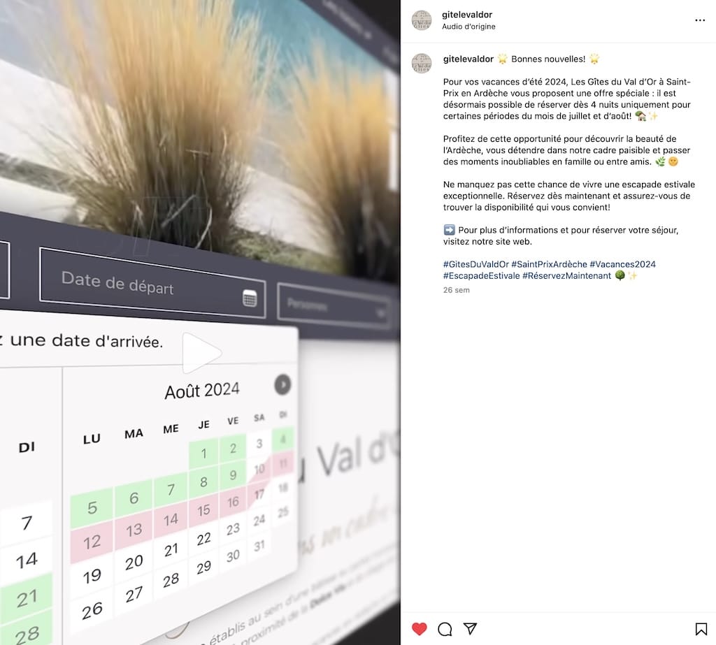 Capture d’un post Instagram pour promouvoir les Gîtes du Val d’Or, projet réalisé par Mahymedia.
