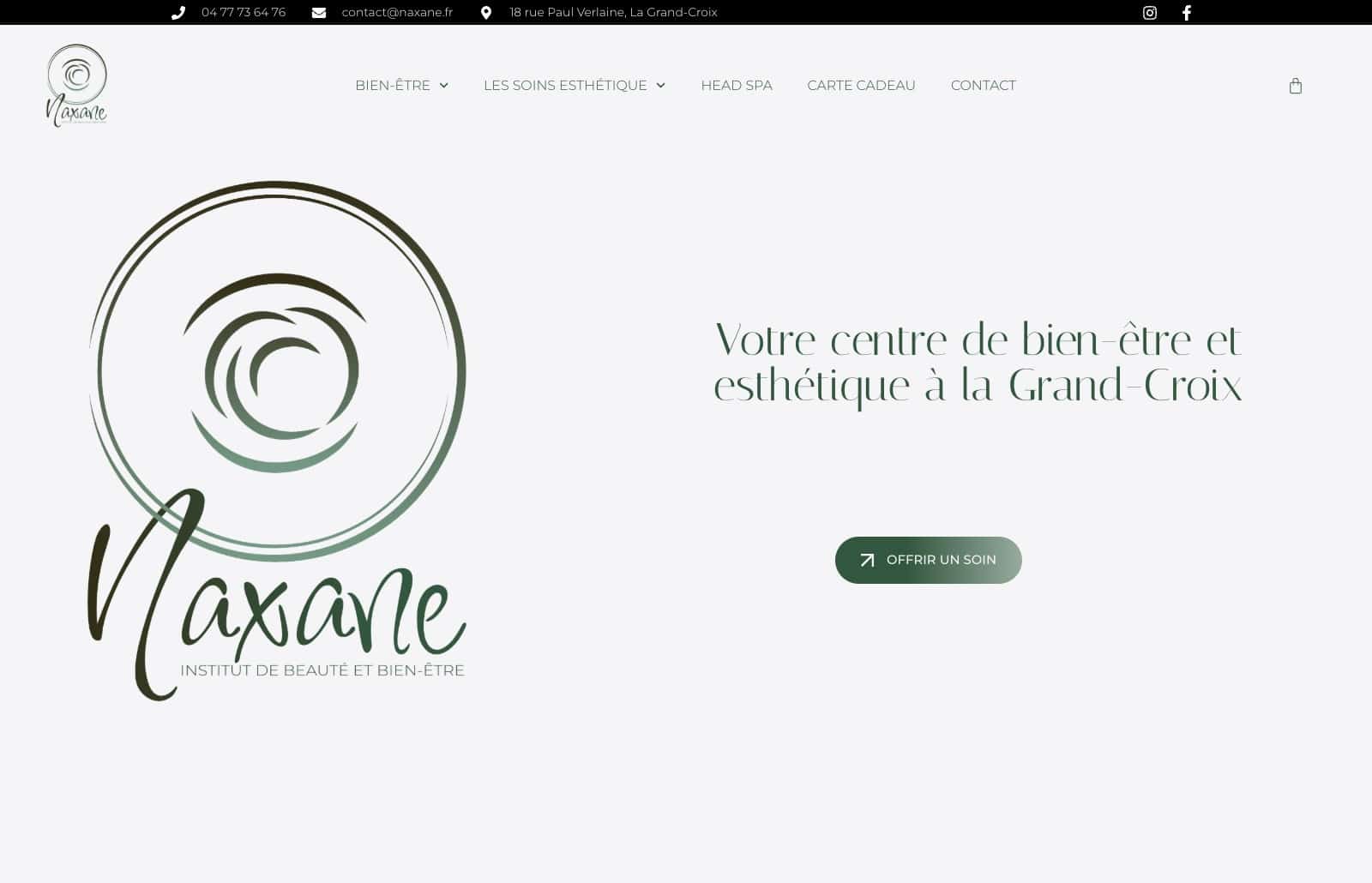 Page d'accueil du site de Institut Naxane, institut de beauté & bien-être à La Grand-Croix, réalisé par Mahymedia