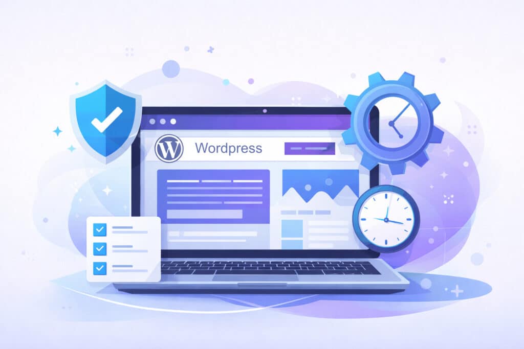 Illustration représentant la maintenance d’un site WordPress avec un ordinateur, un bouclier de sécurité et une roue dentée.