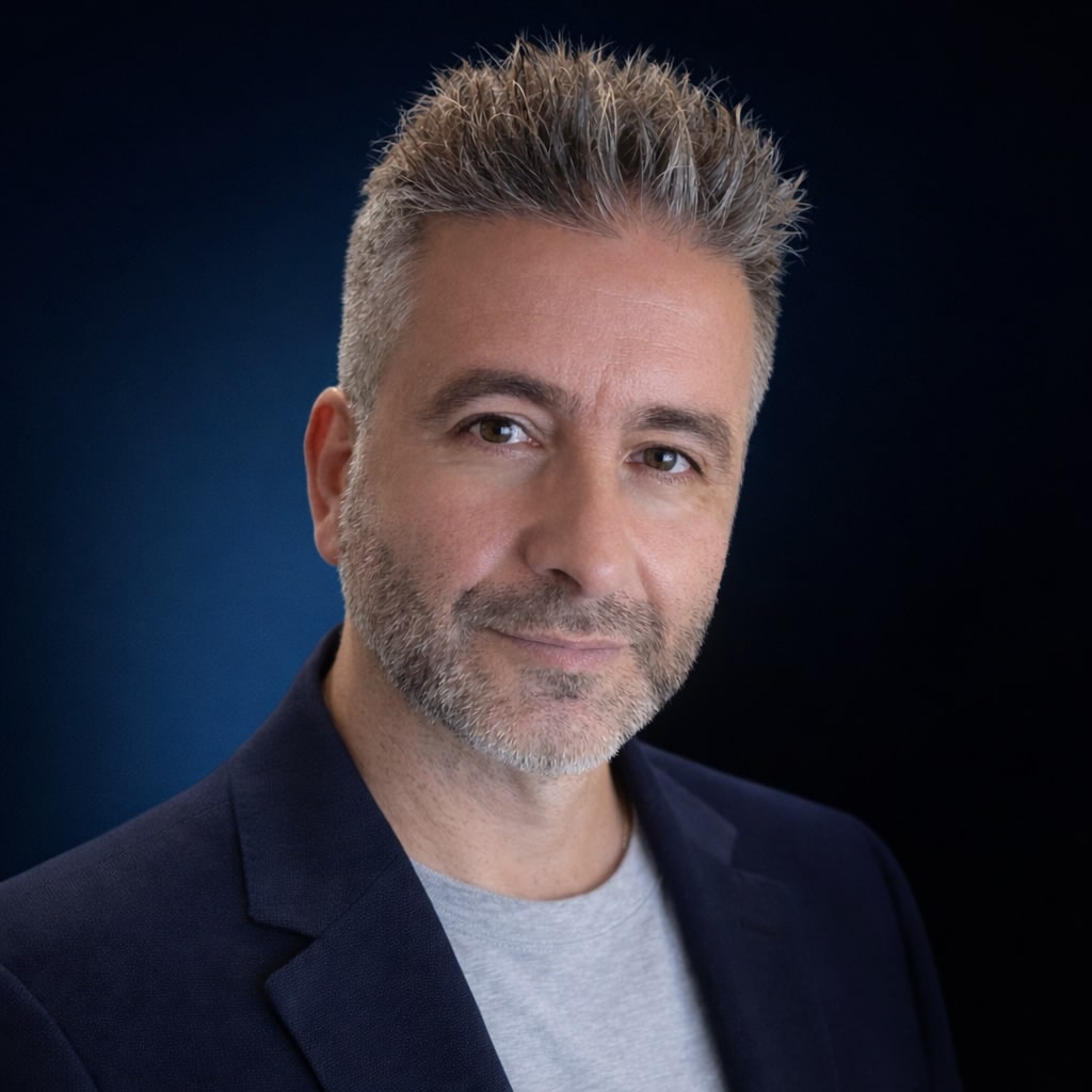 Portrait du fondateur de l’agence Mahymedia sur fond bleu, en veste blazer.