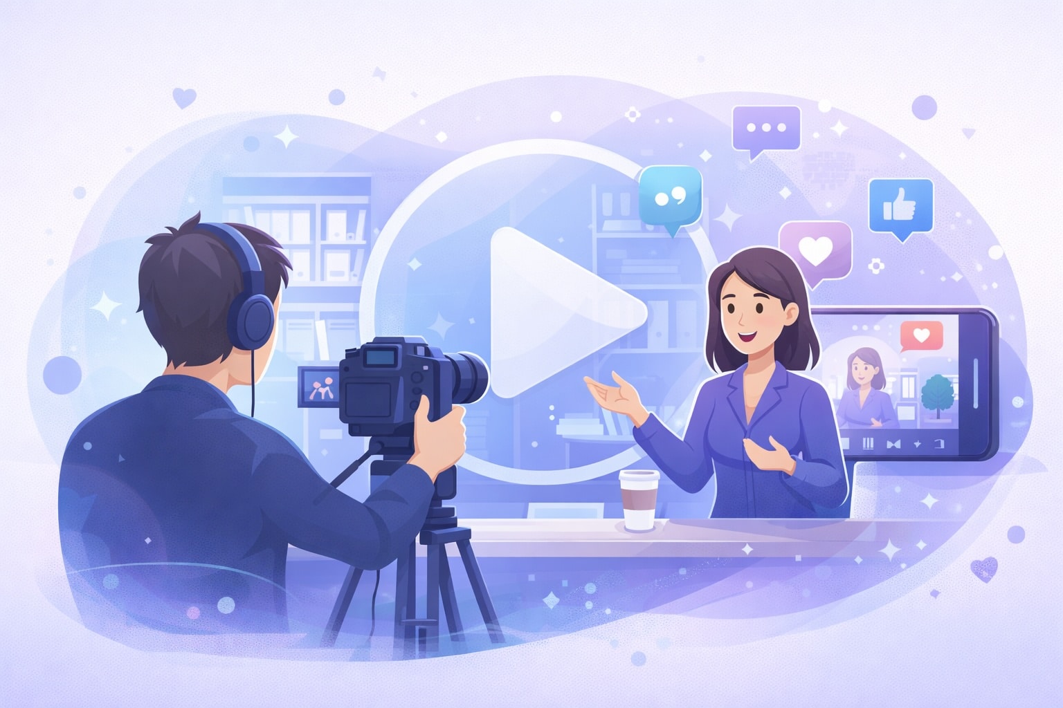 Un vidéaste filme une entrepreneure dans ses locaux pour illustrer l’importance de la vidéo dans la communication d’entreprise.