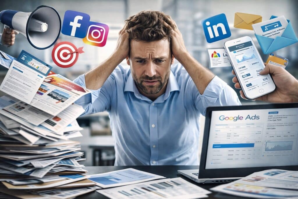 Un chef d’entreprise se tient la tête entre les mains, entouré d’icônes de réseaux sociaux, de publicités en ligne et de documents de communication.