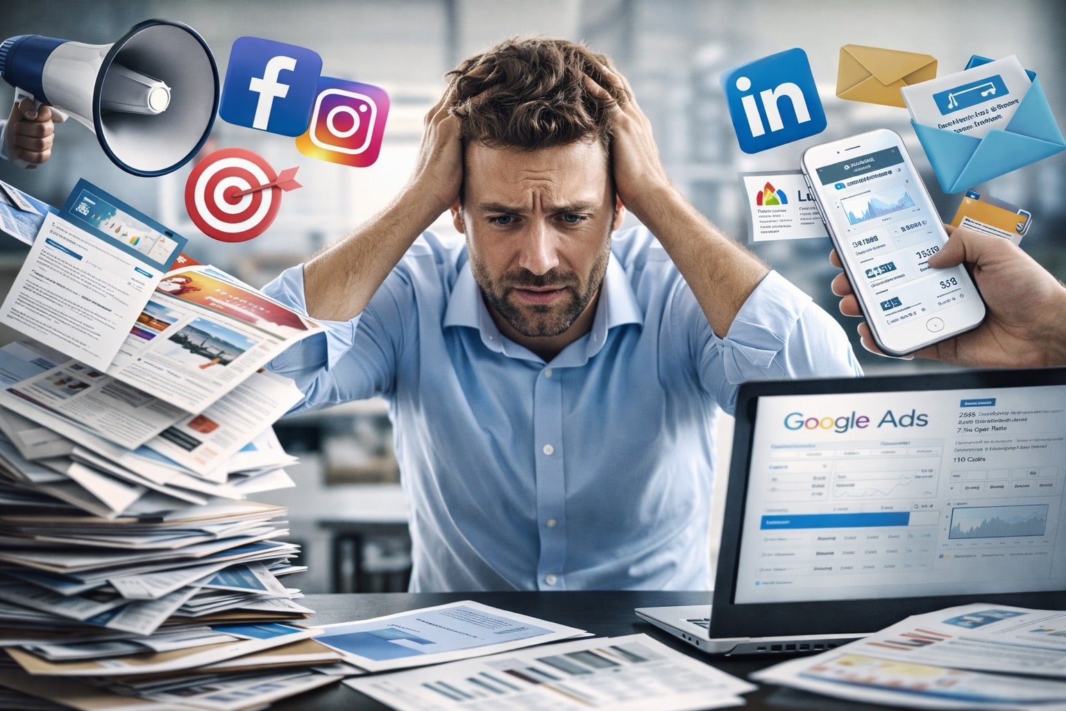 Un chef d’entreprise se tient la tête entre les mains, entouré d’icônes de réseaux sociaux, de publicités en ligne et de documents de communication.