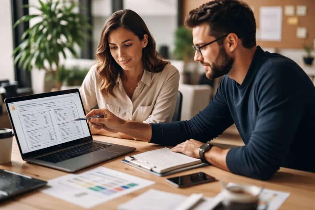 Un entrepreneur et une web designer préparent la création d’un site internet ensemble devant un ordinateur portable.