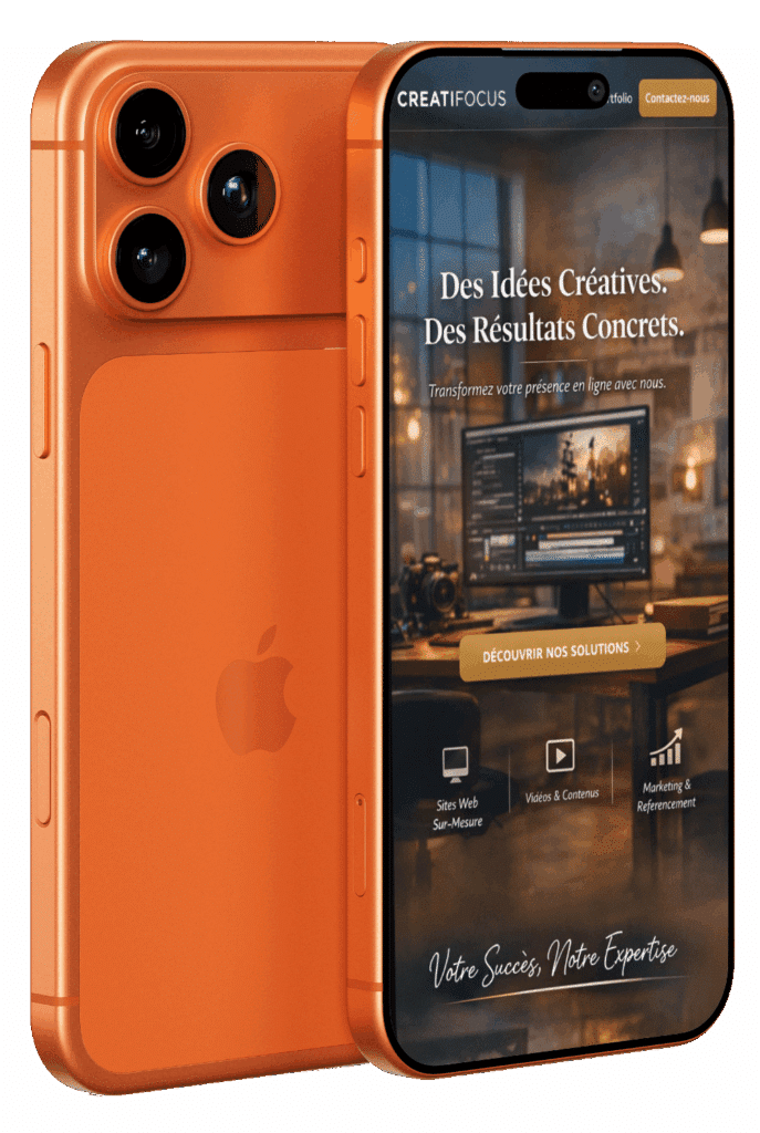 Vue d’un smartphone orange affichant la page d’accueil du site Mahymedia, présentant des services de création de sites web, vidéo et marketing digital