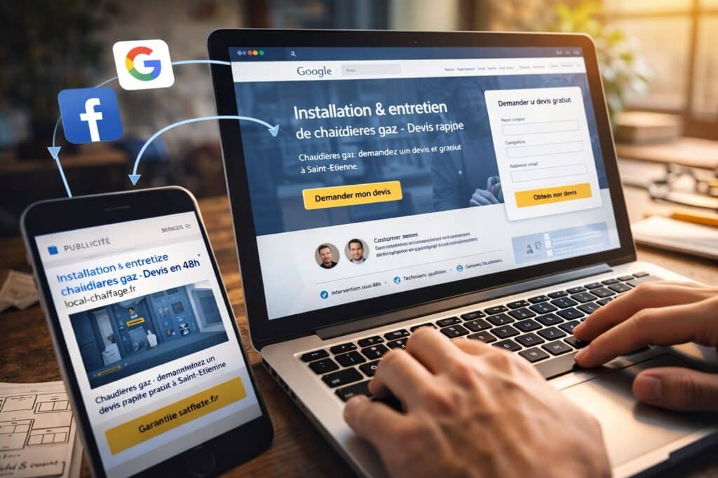 Écran d’ordinateur affichant une landing page avec des statistiques de campagnes Google Ads et Facebook Ads en arrière-plan.