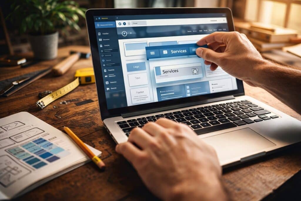 Mains travaillant sur la refonte d’un site internet sur un ordinateur portable, dans un bureau en bois avec carnet de croquis et outils d’artisan