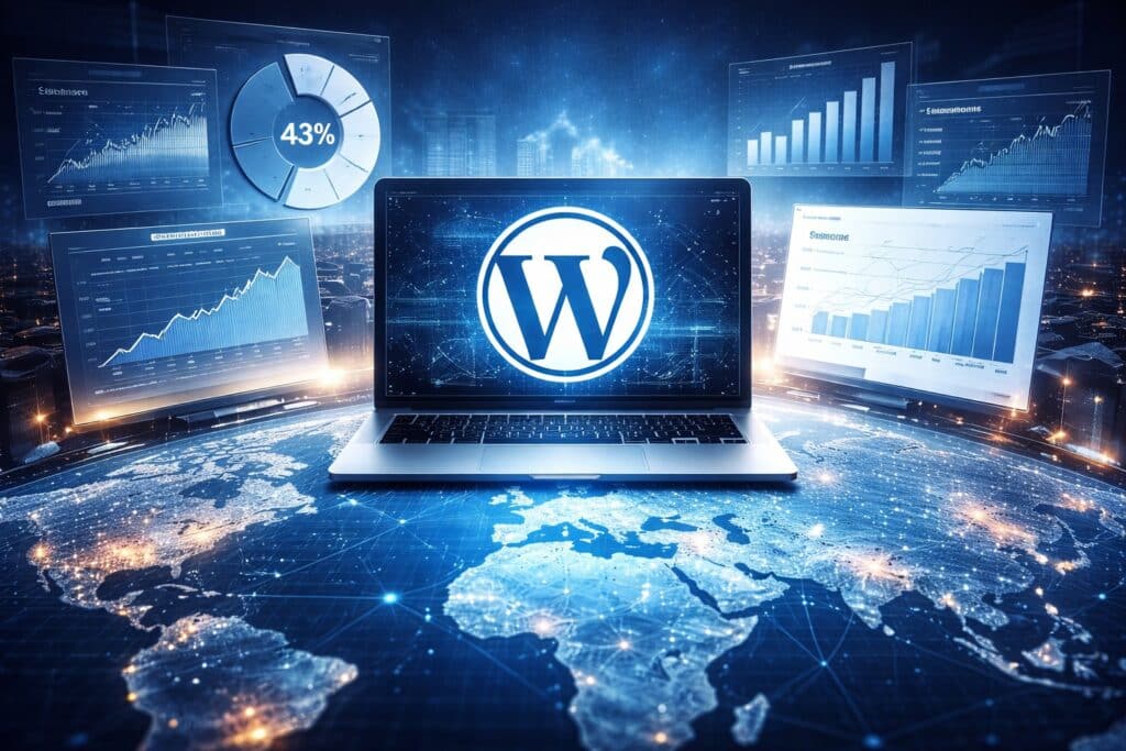 Illustration montrant WordPress entourant le globe, symbolisant sa position de CMS dominant sur le marché mondial des sites web.
