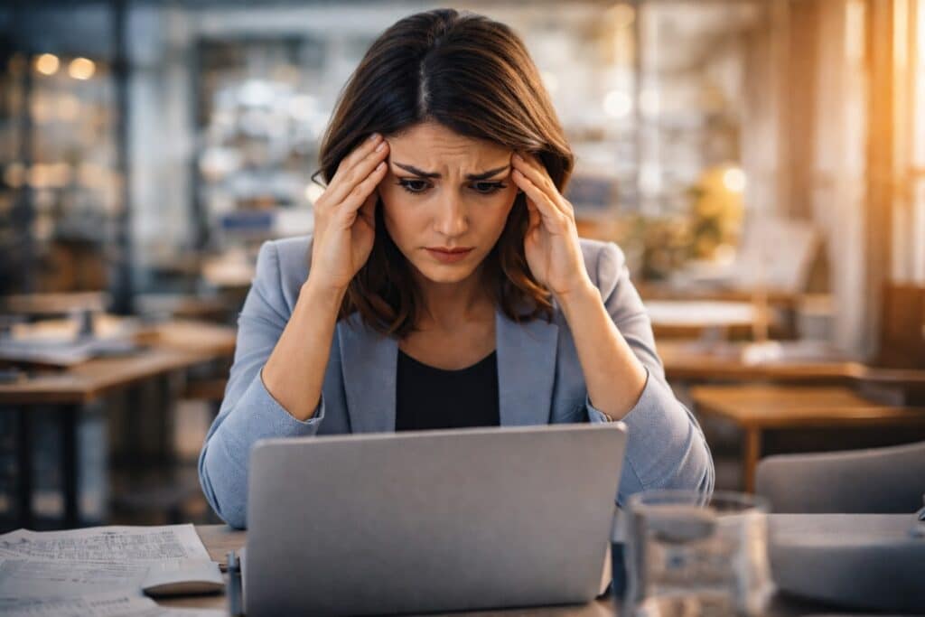 Jeune dirigeante d’entreprise assise à son bureau devant un ordinateur portable, l’air perplexe face à son référencement et ses mots-clés.
