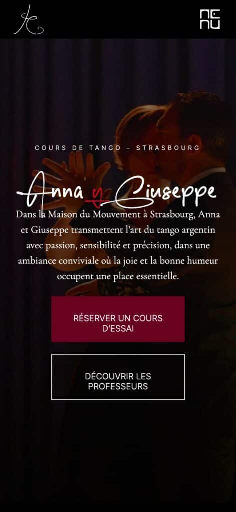 Version mobile du site de Anna y Giuseppe, cours de tango argentin à Strasbourg, réalisé par Mahymedia