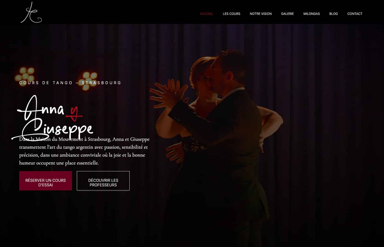 Page d'accueil du site de Anna y Giuseppe, cours de tango argentin à Strasbourg, réalisé par Mahymedia